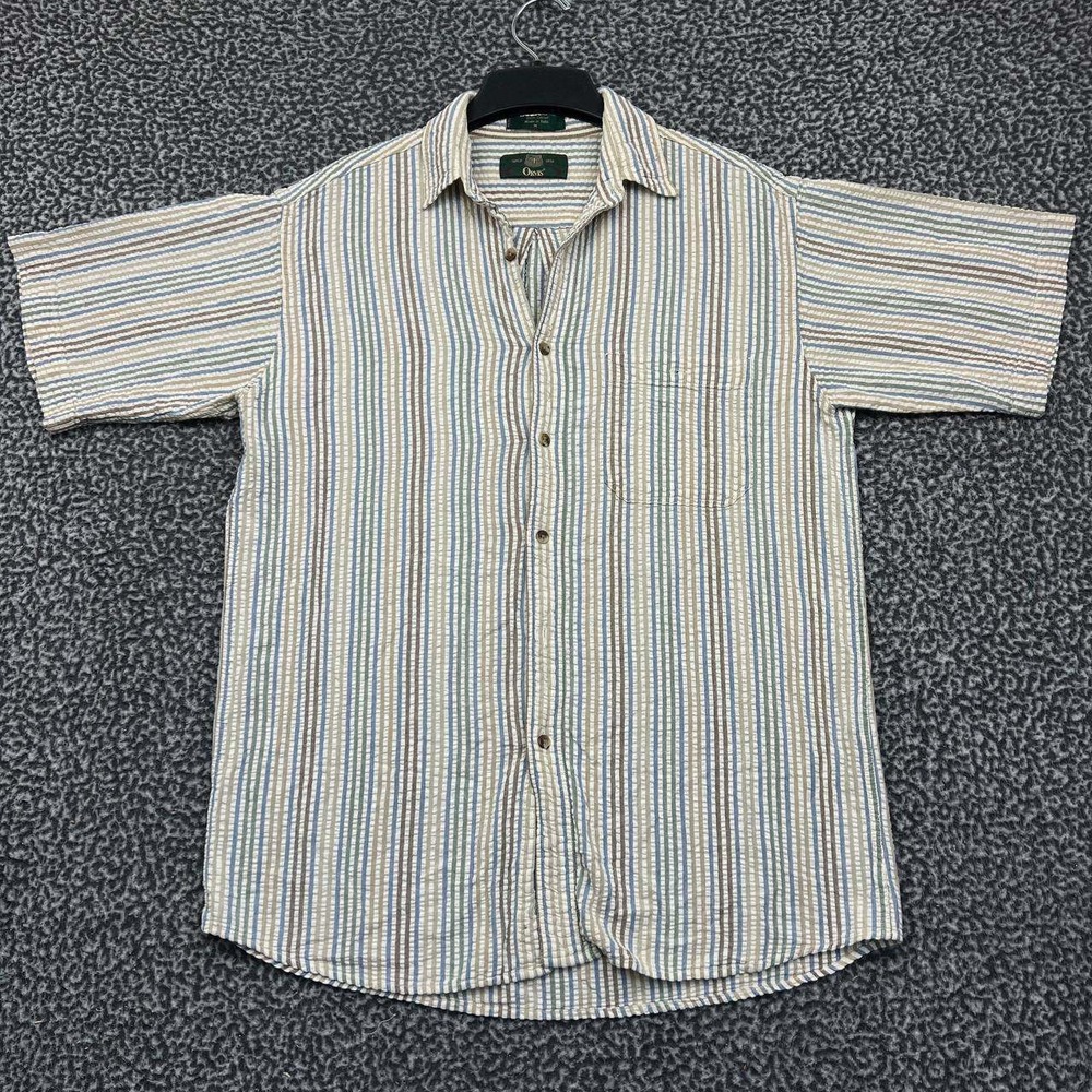 Vintage Orvis‎ Button Up Shirt Men Medium Striped Short Sleeve Collared Cotton M
